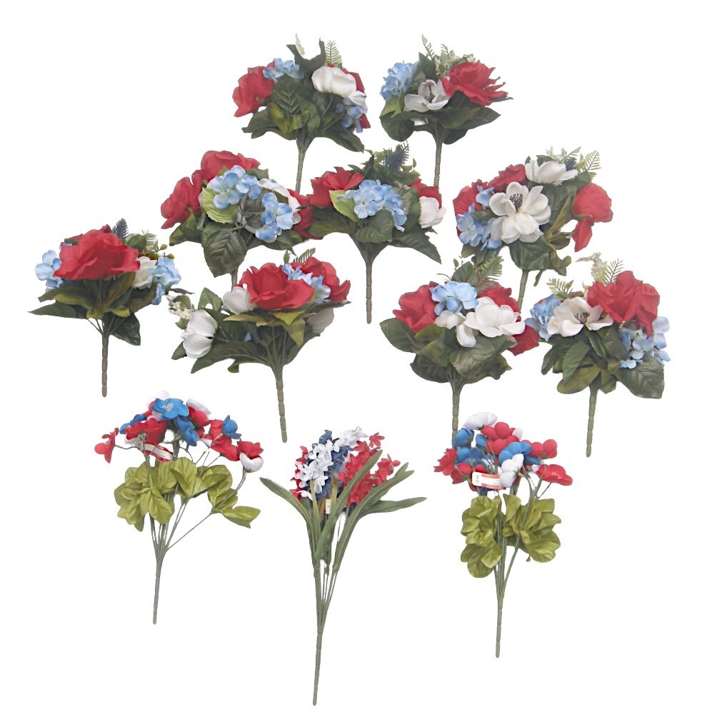 Silk Flower Lot of 12 Bushes 12″ Patriotic Red White Blue Florist Quality