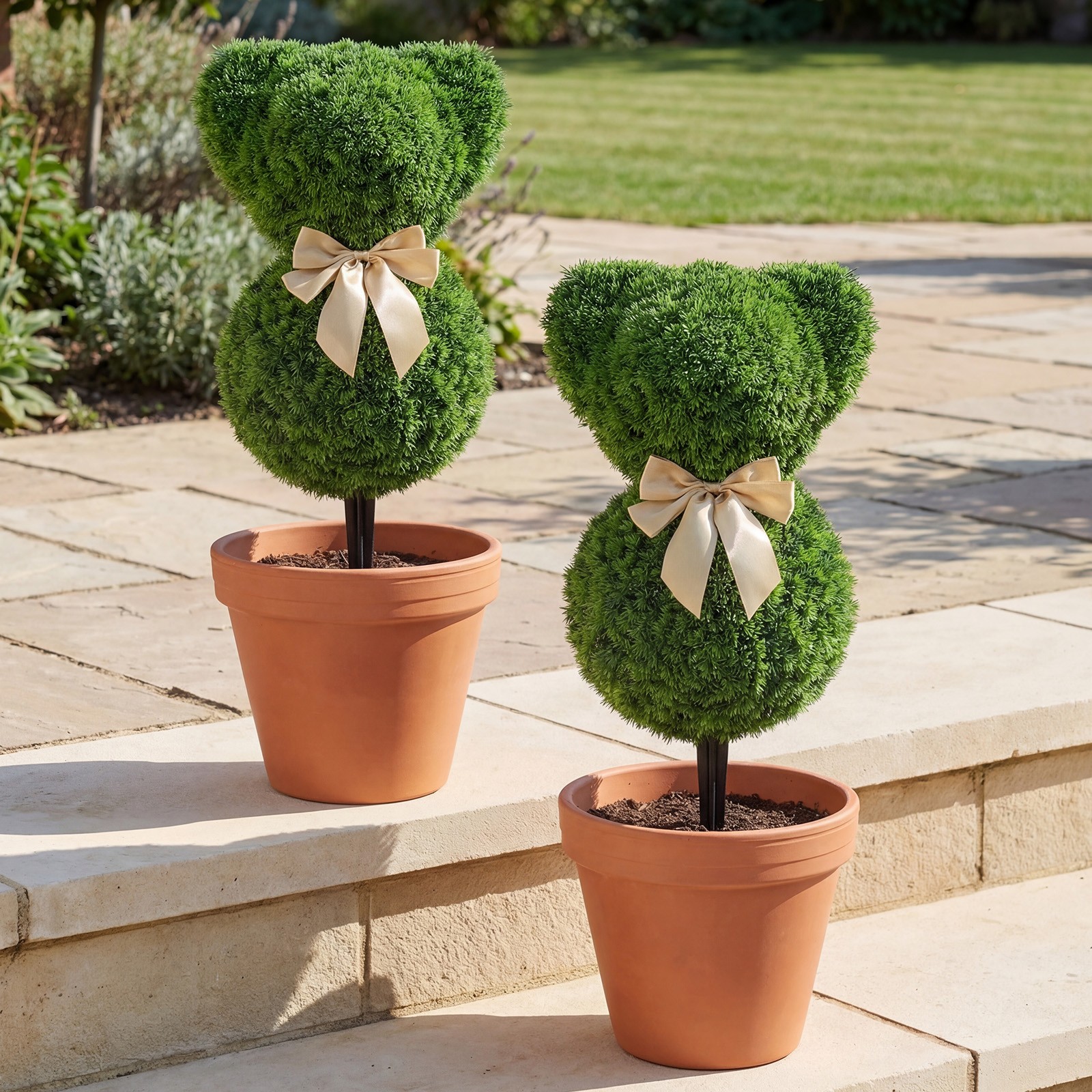 2 Pcs Teddy Bear Topiary Trees, Sun-resistant Faux Boxwood Plants w/ Bowknot