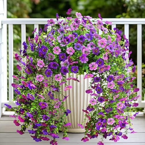 Artificial Fake Flowers for Outdoors,2PCS Faux Hanging Purple Deep Purple