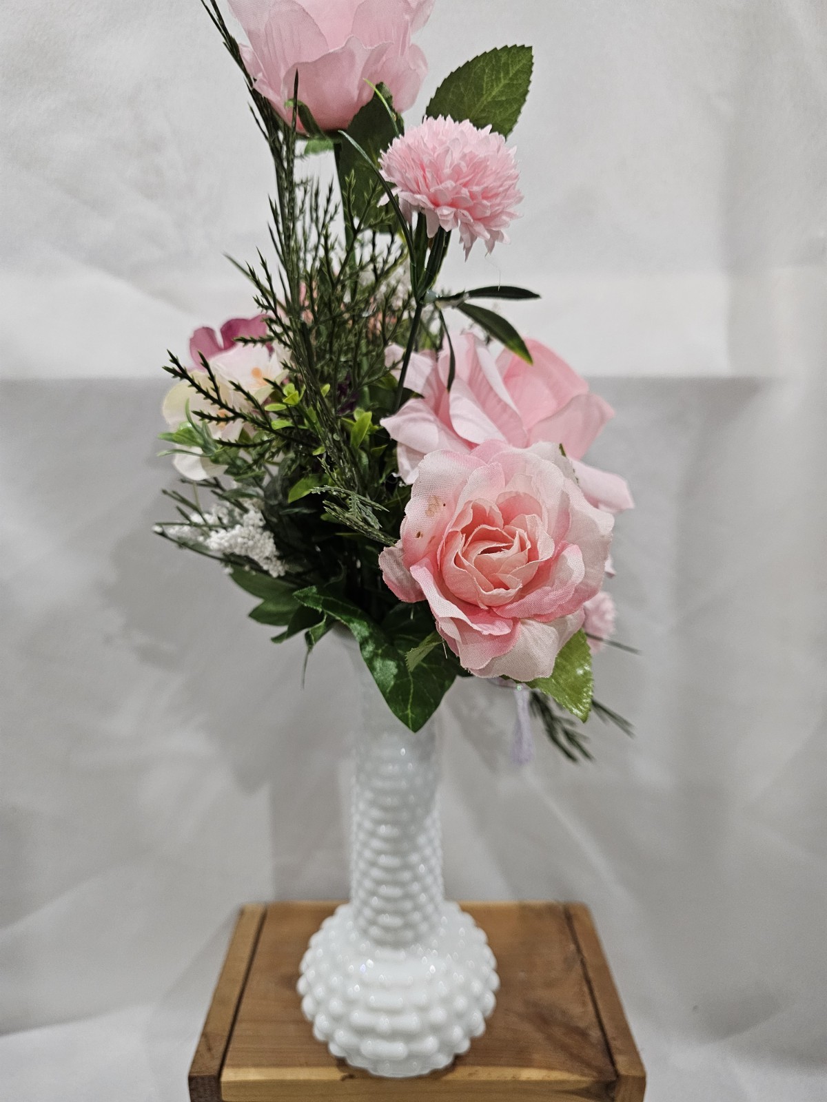 Artificial Pink Rose Flowers in beautiful Milkglass Hobnail Vase w/airy greenery