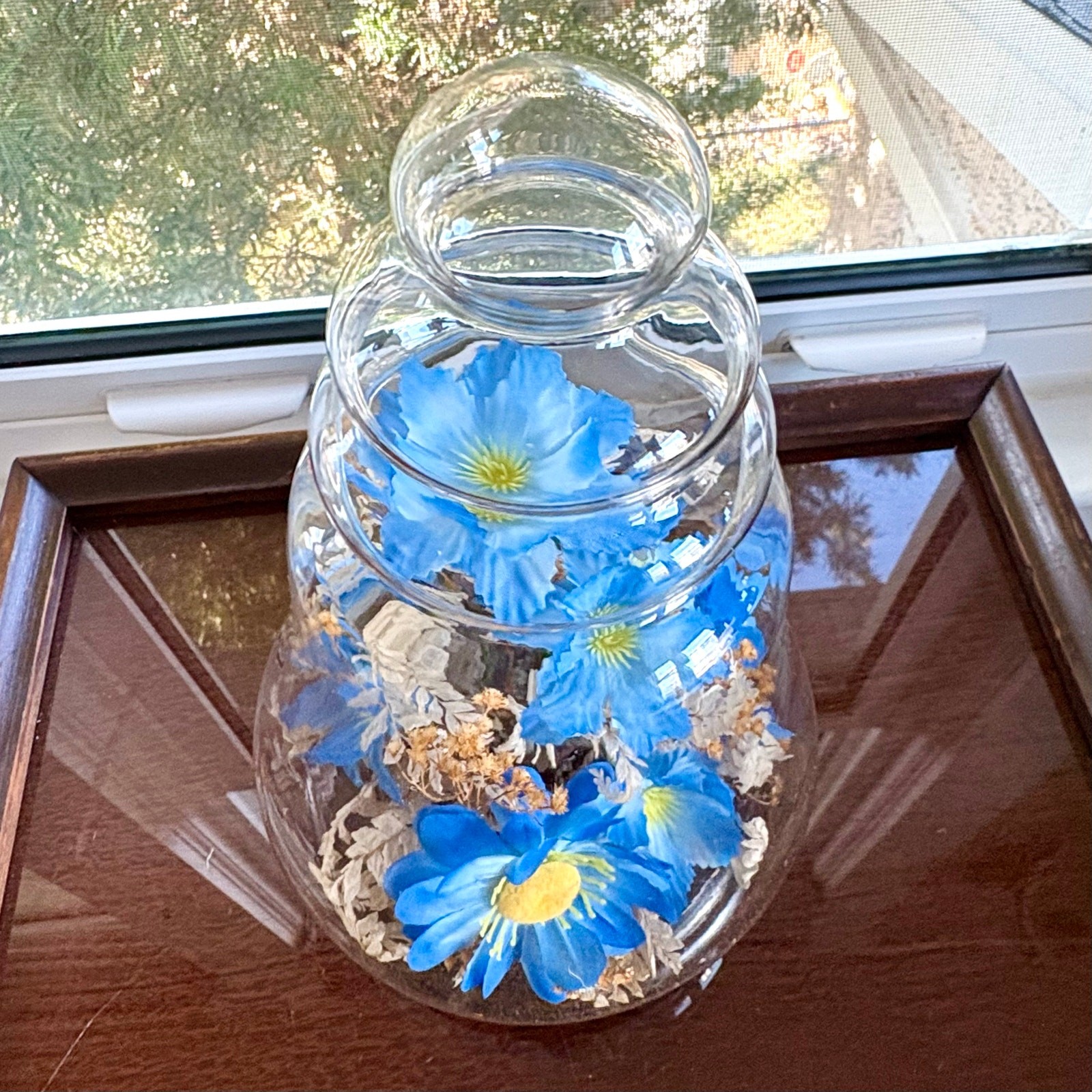 Vintage Glass Bell Jar Dome with Blue Floral Arrangement on Wood Base