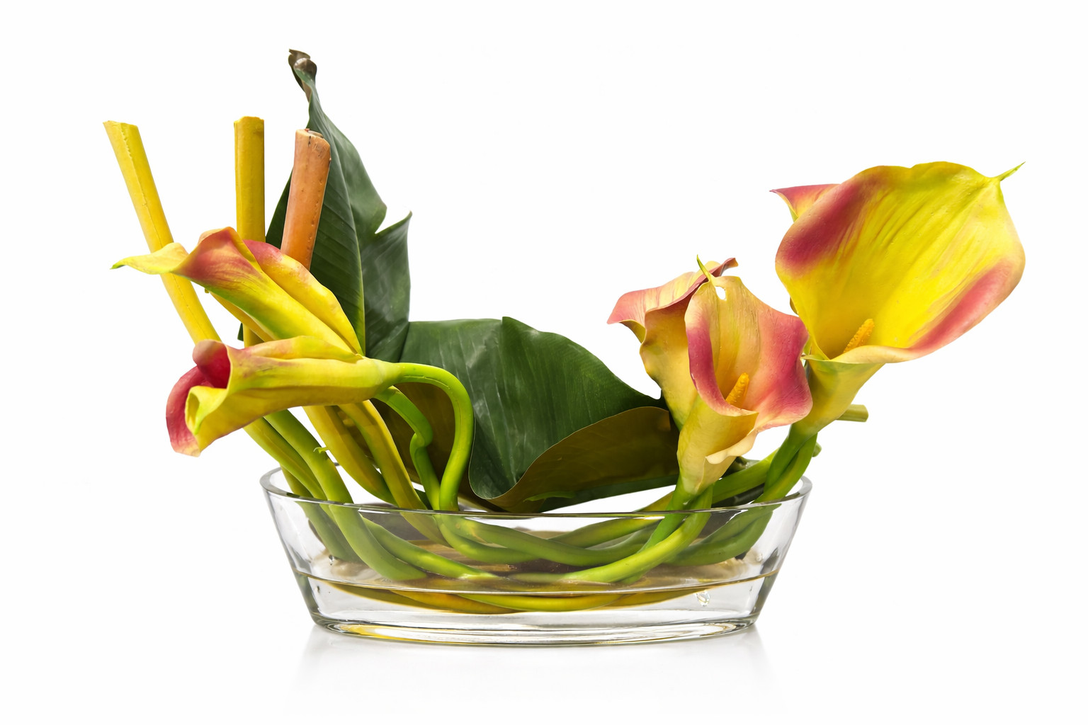 Decorative Calla Lily Floral Arrangement in Clear Glass Bowl – Green Yellow Pink