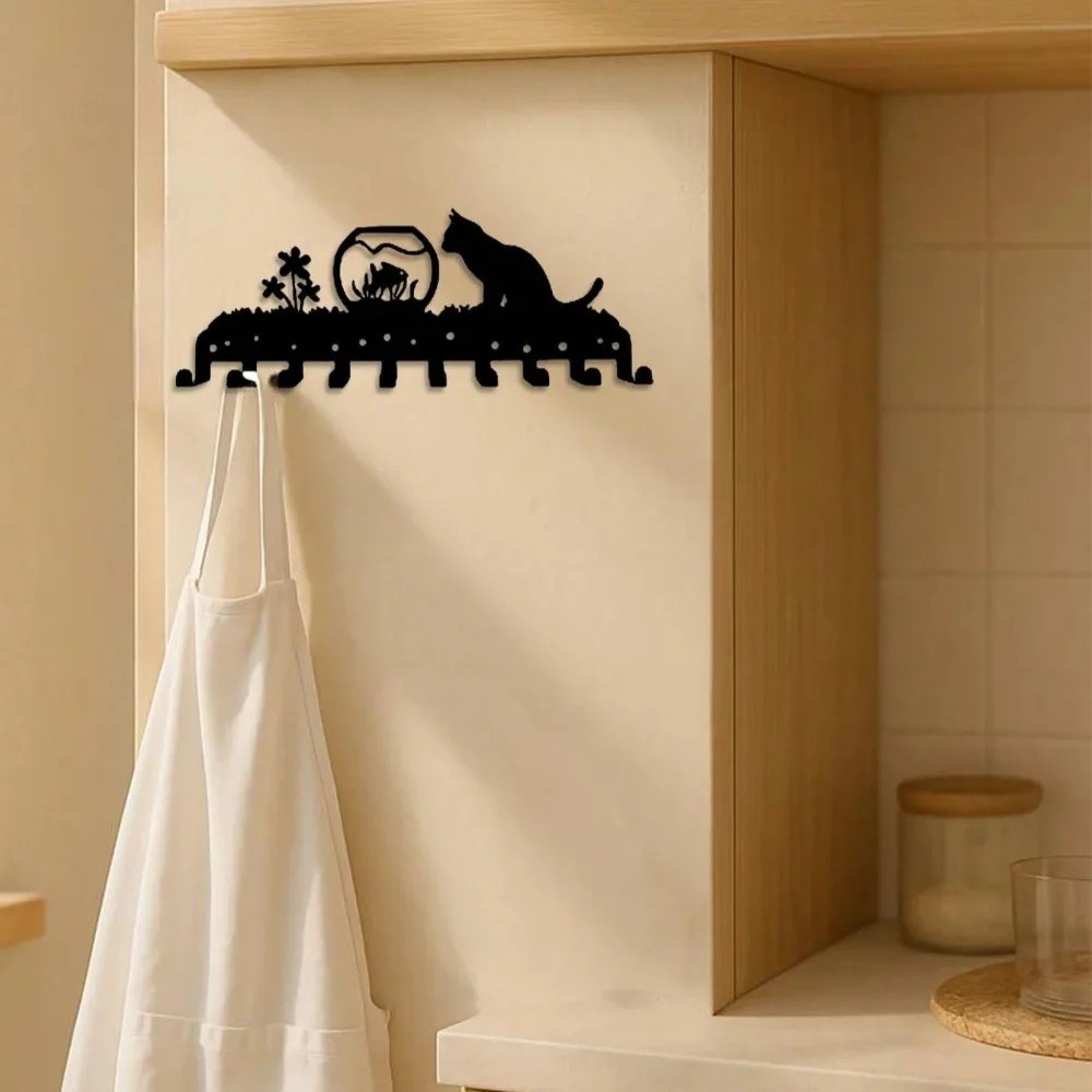 Adorable Black Cat Metal Key Holder Iron Art Entryway Organizer Home Decor