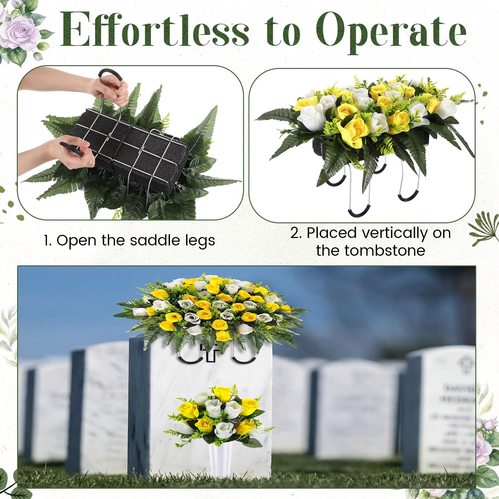 3 Pcs Artificial Cemetery Flowers for Grave Set 19.7″x13.8″ 1 Headstone Flowe…