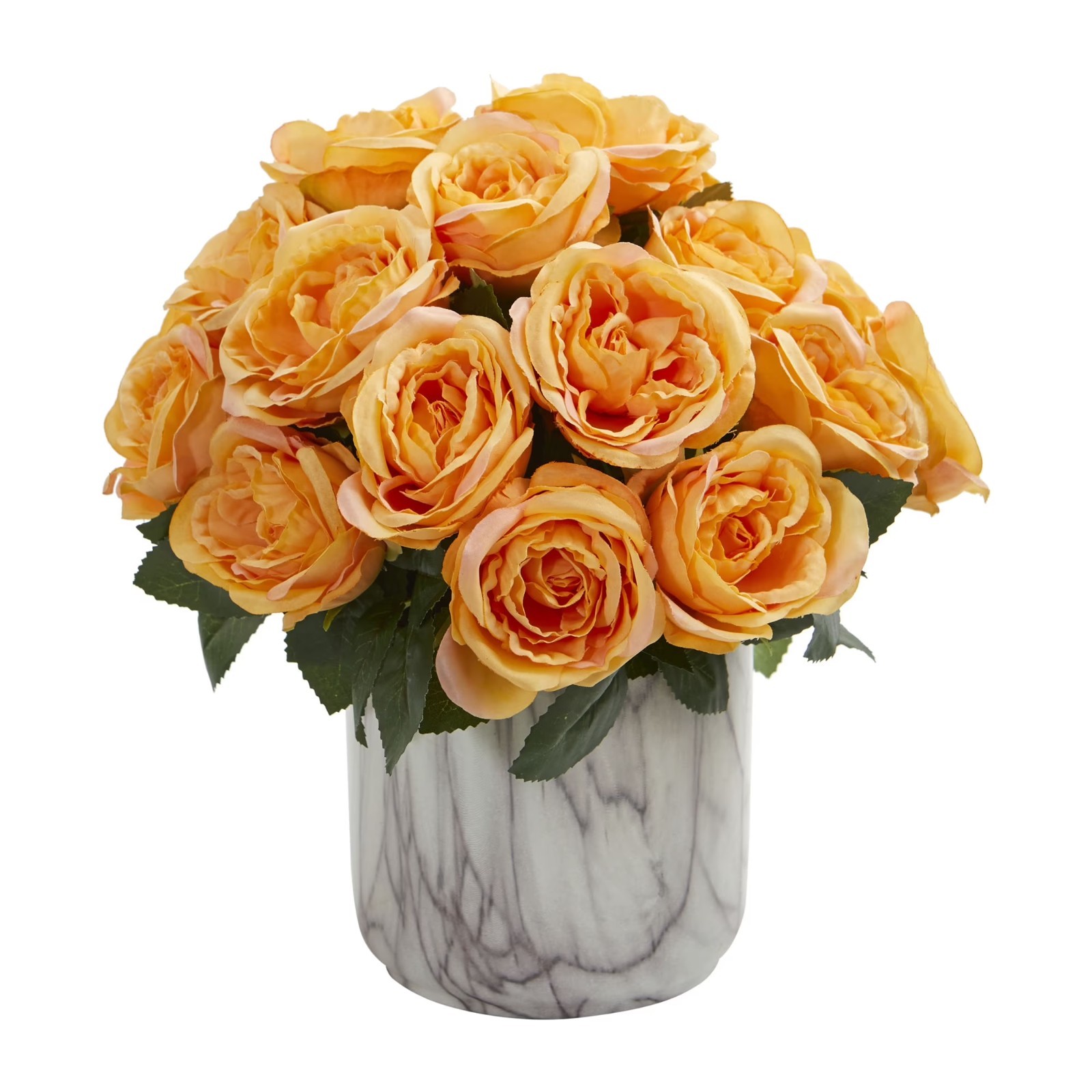 Artificial Yellow Rose Flower Arrangement in Marble Finish Vase Home Decor