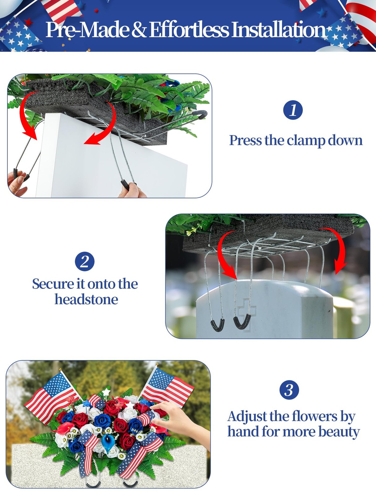 Memorial Day Decorations for Cemetery Patriotic Red White Blue Headstone Flow