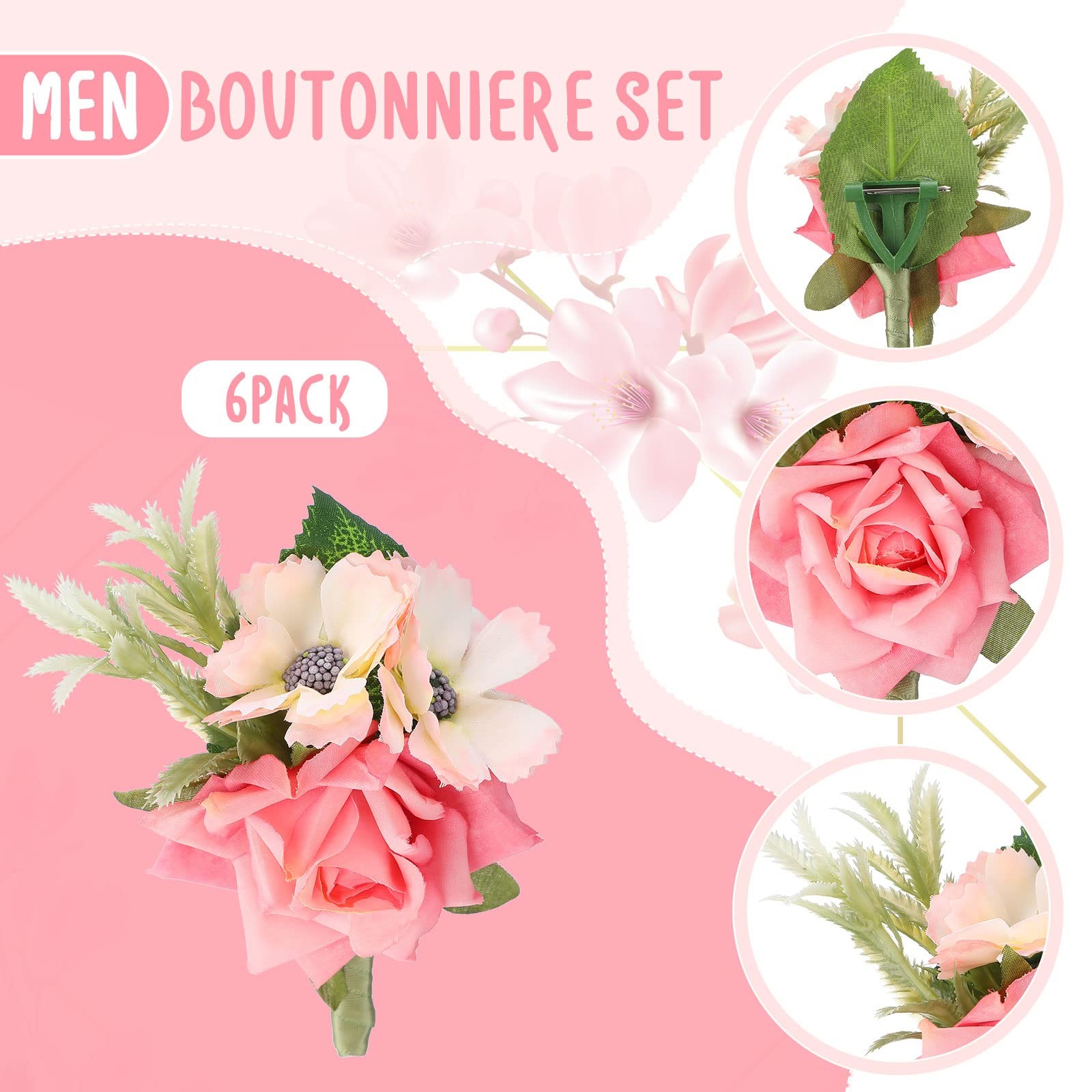 12 PCS Boutonniere Corsage Set Wedding Party Flower Wrist Pink Men Women Prom