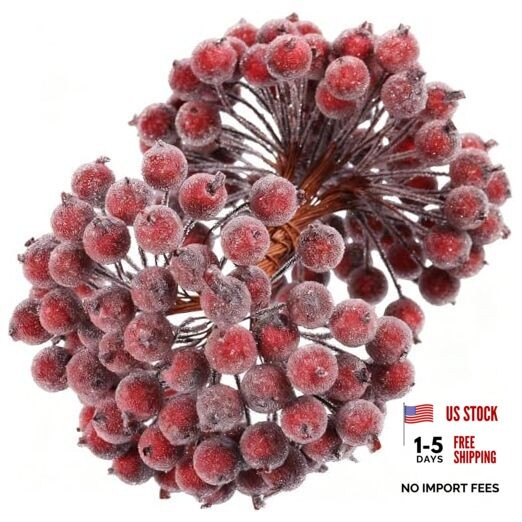 400 Pcs Berries Stems 12 mm Artificial Frosted Holly Berries for Dark Red