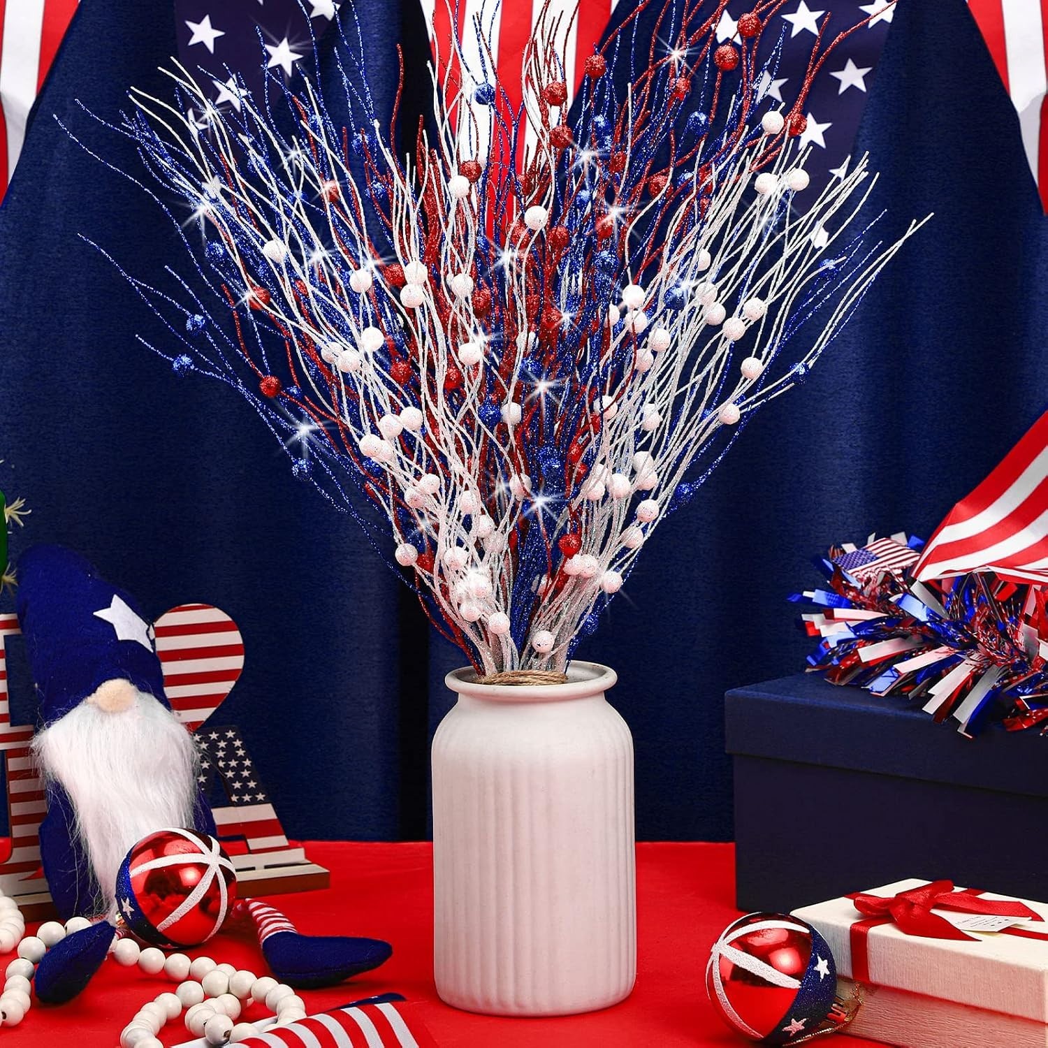 16 Pack Red White and Blue Artificial Flowers 17 Inches 4Th of July Glitter Stic
