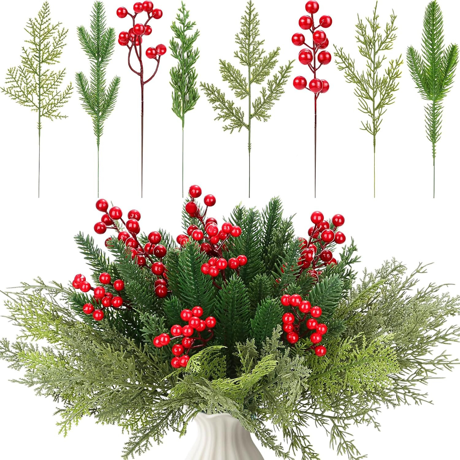 70 PCS Artificial Pine Branches with Berries, Christmas Greenery Fake Pine Needl