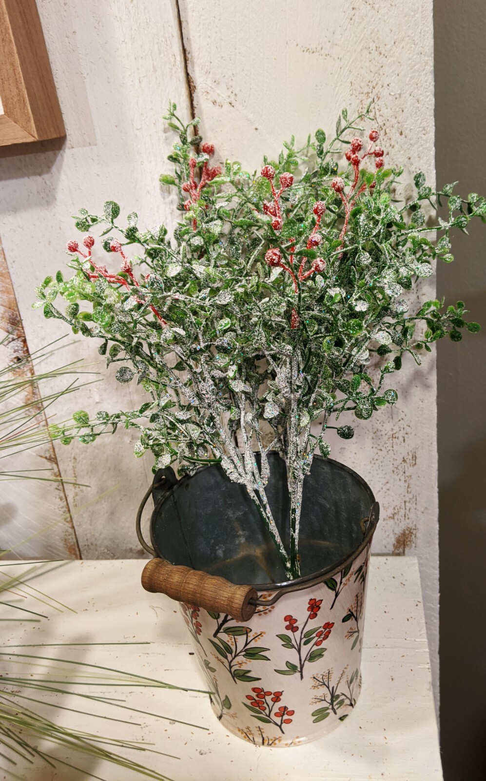 13″ Artificial Floral Red Mistletoe~Glitter Berry BUSH Greenery~XMAS Table Top