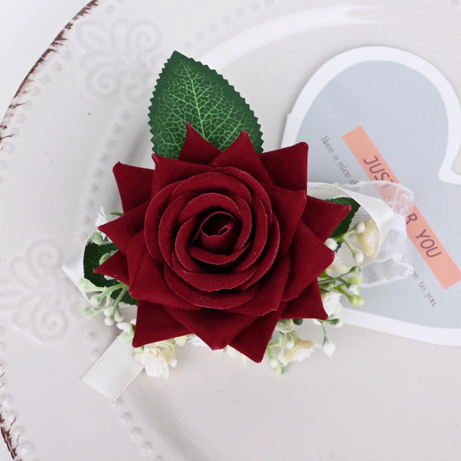 2 Pieces Boutonniere Wrist Corsage Set Artificial Rose Flowers Burgundy White
