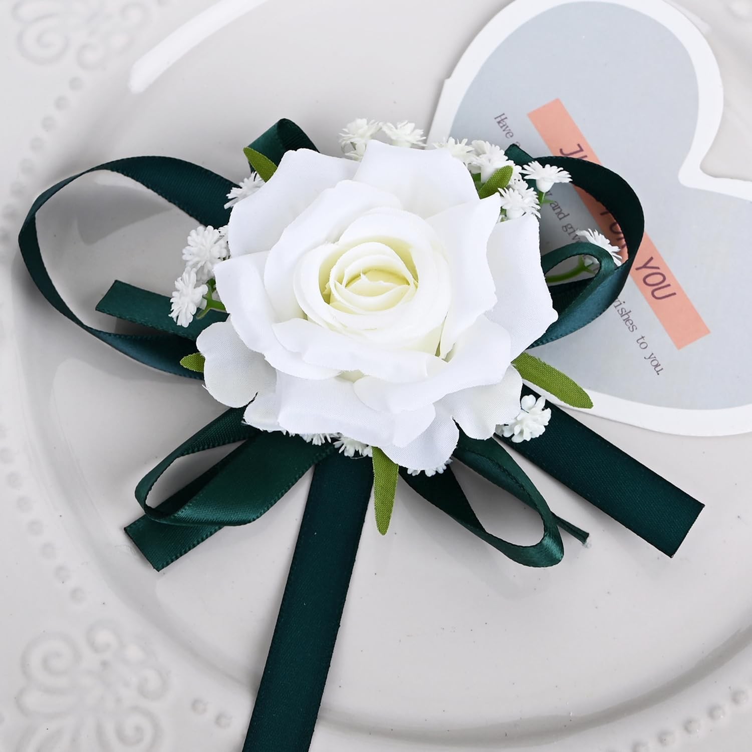 2 PCS White+Dark Green Artificial Wrist Corsage Boutonniere Set Prom