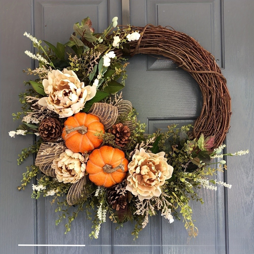 Autumn Wreath with Pumpkin Maple Leaf Eucalyptus Berries for Indoor Outdoor Use