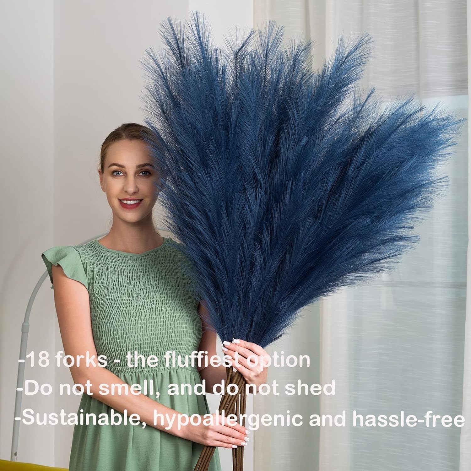 Extra Large Faux Pampas Grass Stems – 43 Inch in Elegant Blue for Home Decor