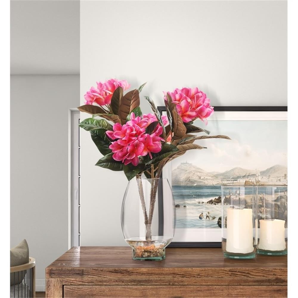 Pemberly Row Contemporary Beauty Frangipani in Glass Vase with River Rock