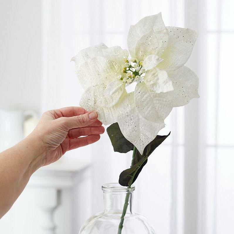 12 ARTIFICIAL FAUX VELVET GLITTER WHITE/GREEN POINSETTIA STEMS PICKS CHRISTMAS