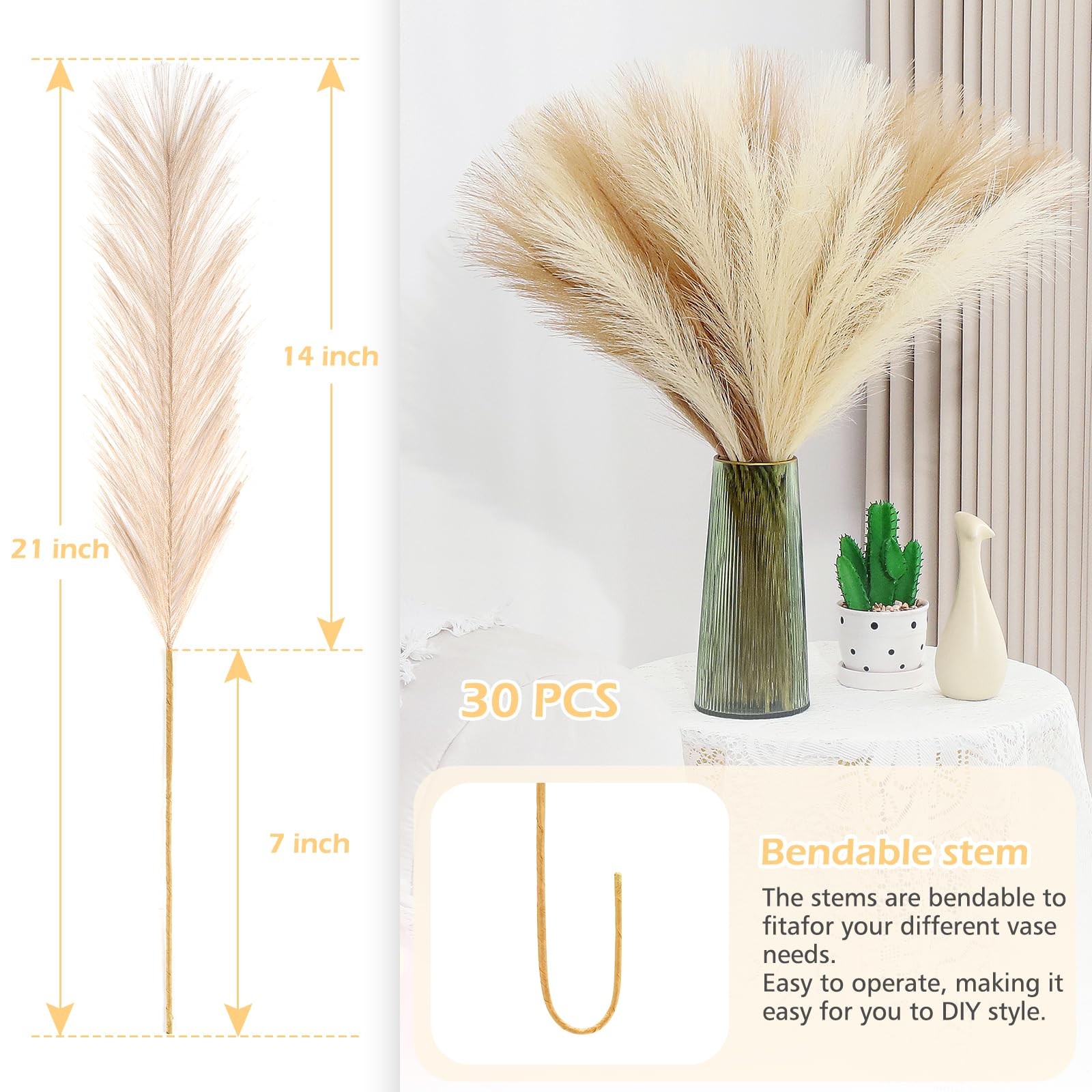 30 Pcs 21.7 In Faux Brown Pampas Grass Bulk Artificial Vase Filler Decor