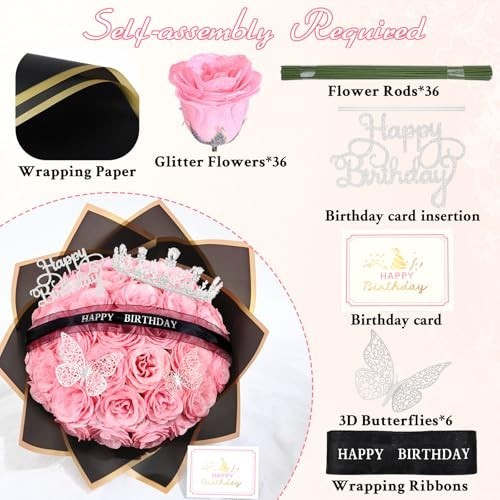 DIY Glitter Rose Bouquet 36 Pink Fake Flowers Wrapping Paper Ribbon Birthday