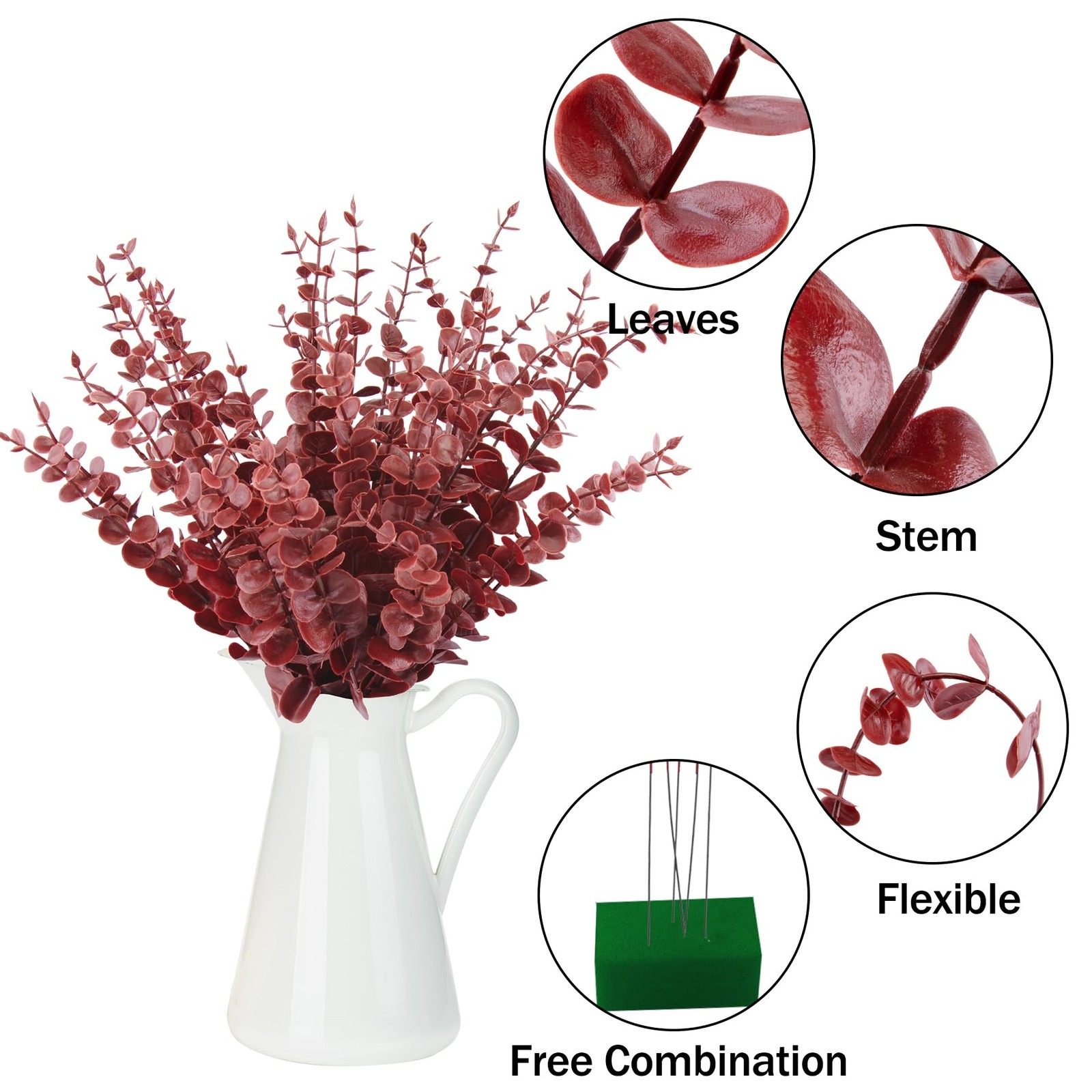 36 Pcs Dark Red Eucalyptus Stems Artificial Leaves Faux Eucalyptus Stems Bran…