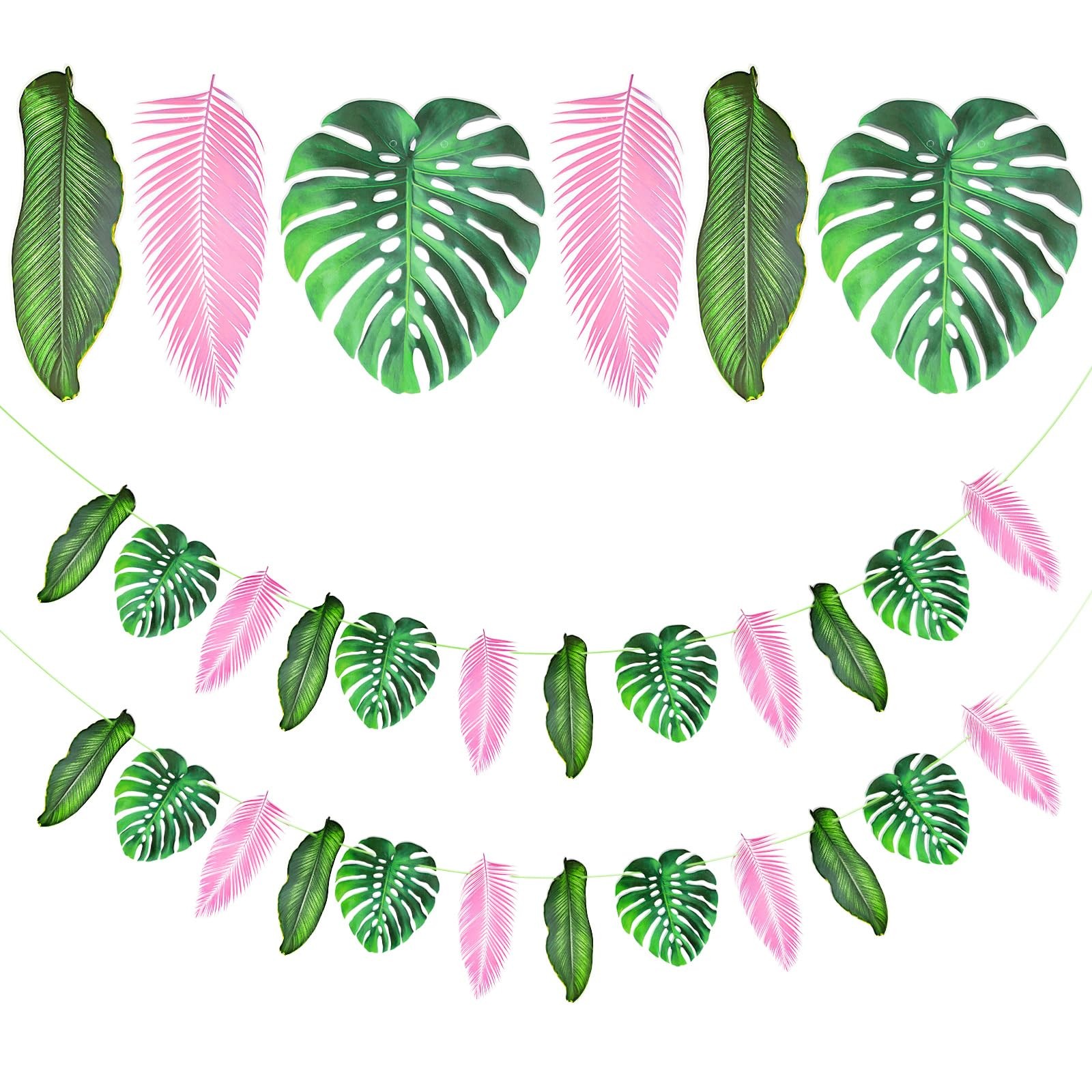 24 Pcs 8.5 ft Artificial Tropical Palm Leaves Garland – Pink Green Monstera L…
