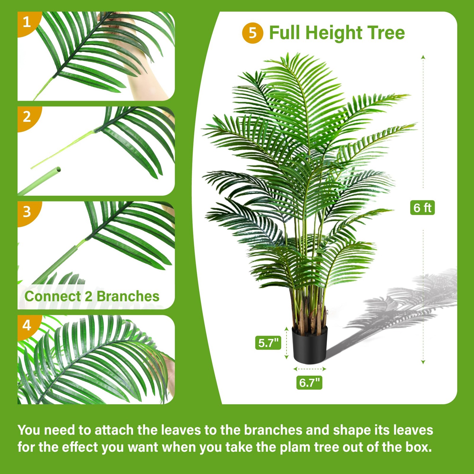 KOL 6ft 2-Pack Artificial Areca Palm Plant in Pot, Fake Tropical Cane Palm Si…