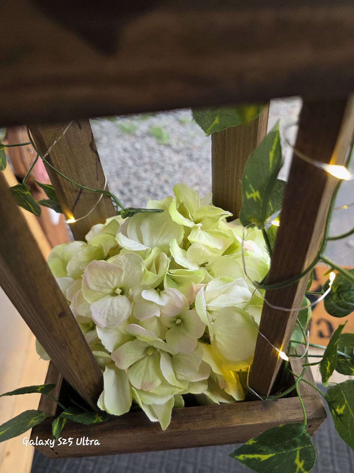 Rustic Indoor/Outdoor Wooden Lantern Centerpiec w/ Green Hydrangea Fairy Lights