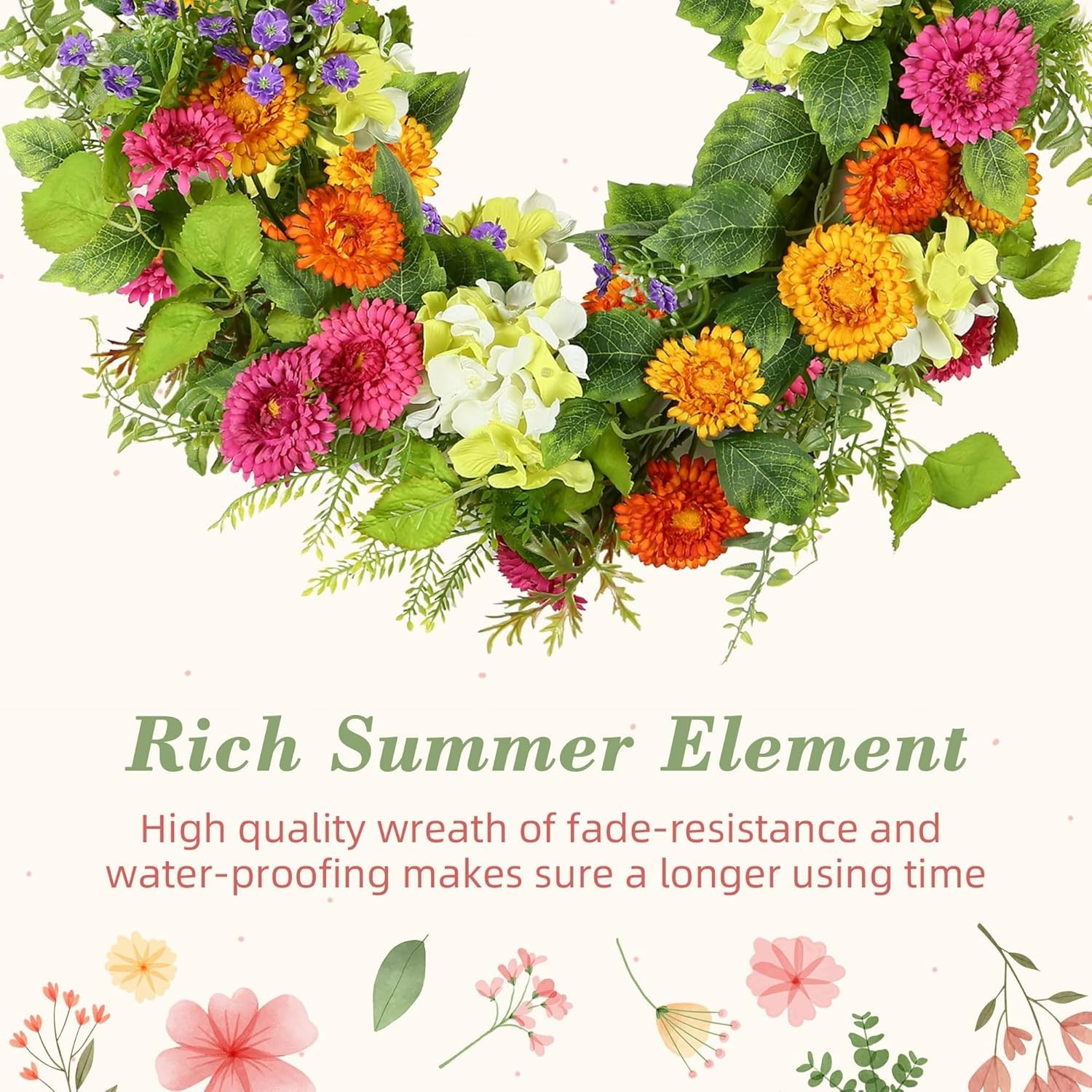 18-Inch Spring Summer Wreath with Colorful Daisies & Green Leaves for Your Door