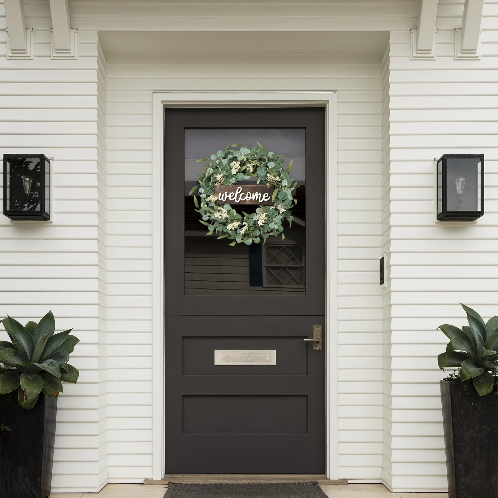 Sggvecsy Green Artificial Eucalyptus Wreath with Welcome Sign 20in Spring Sum…