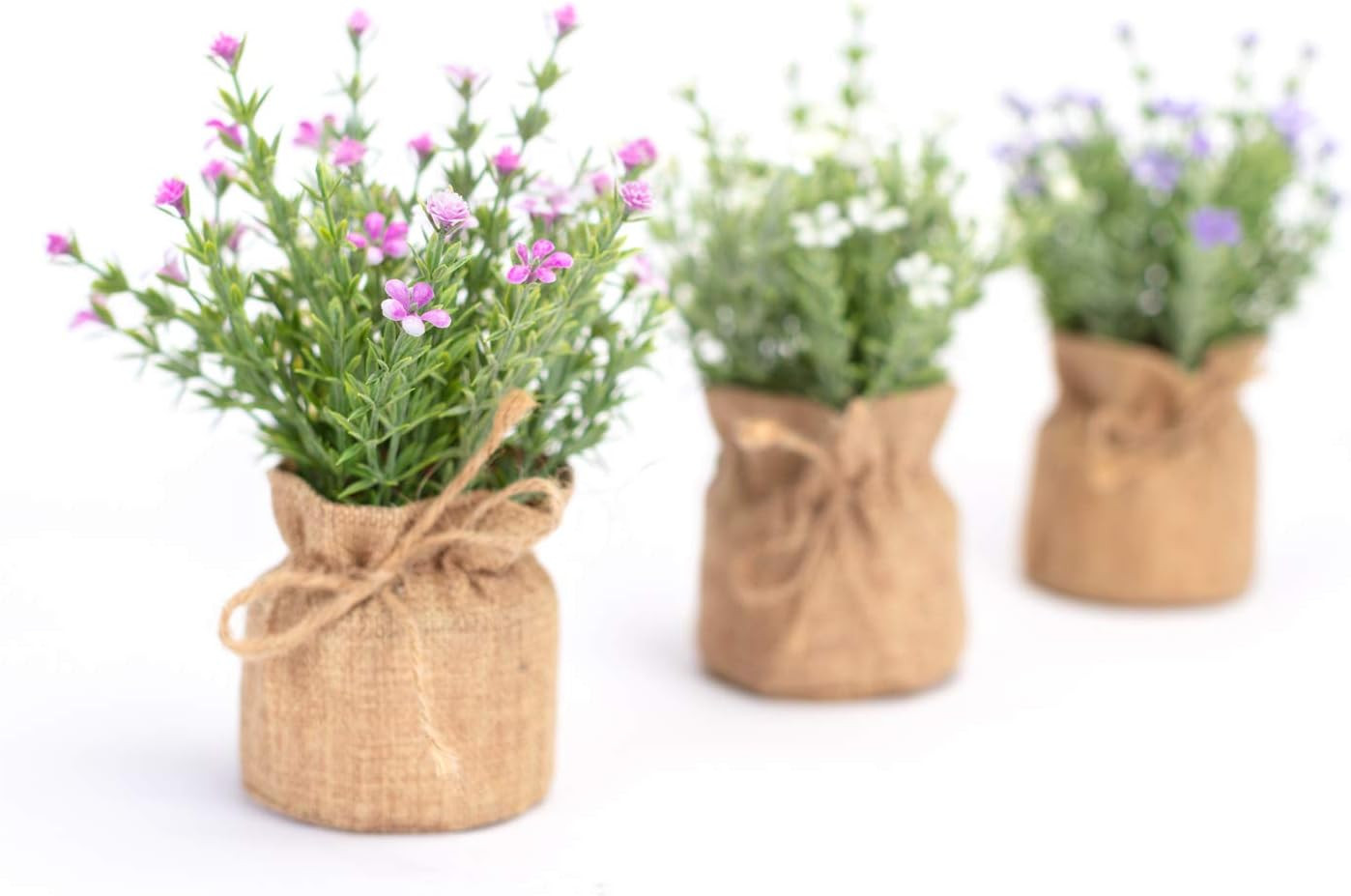 Babys Breath Artificial Flowers in Small Burlap Bag Vases 3Pcs -Gypsophila Fa…