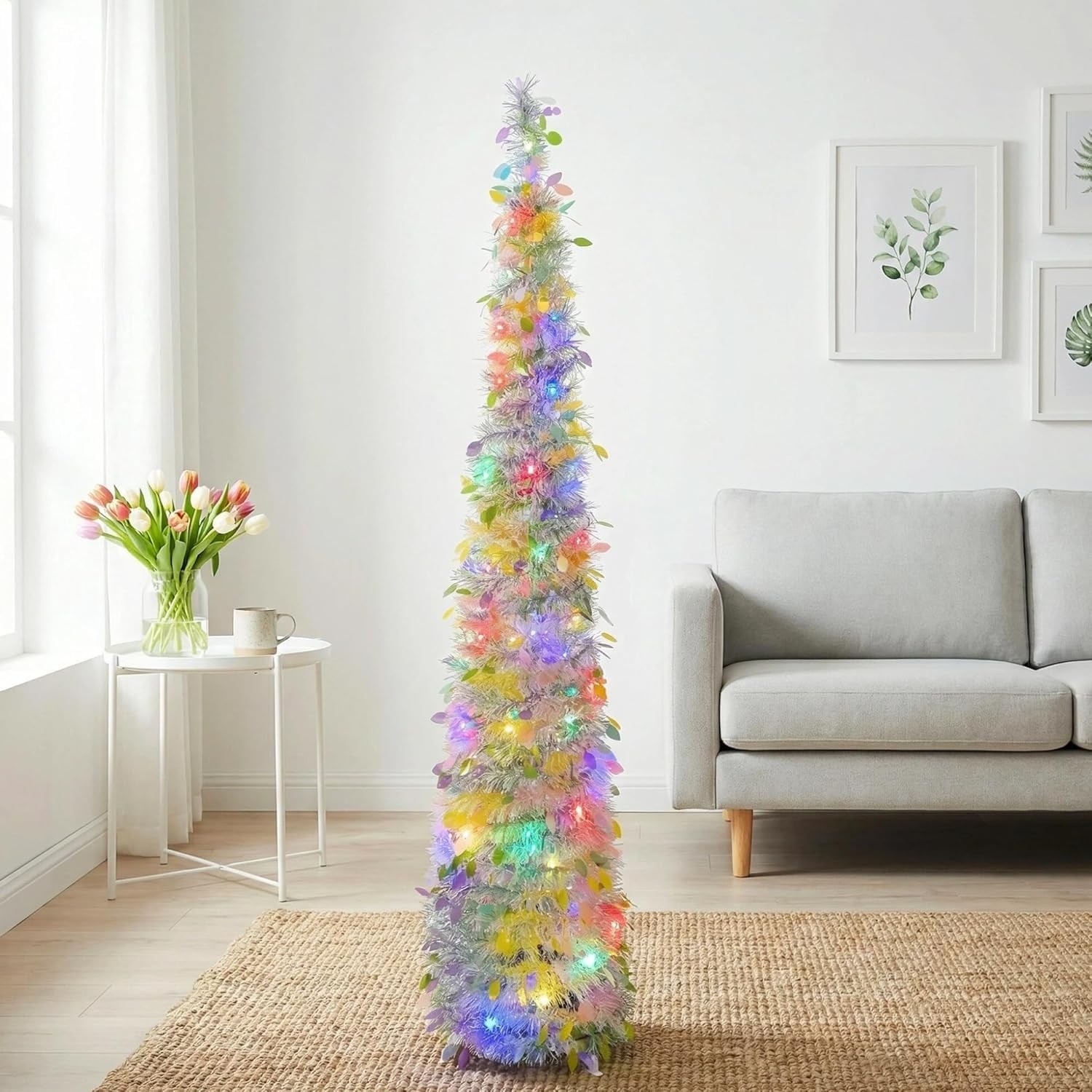 5FT Lighted Tinsel PopUp Artificial Tree 50 LED String Lights Decor Base