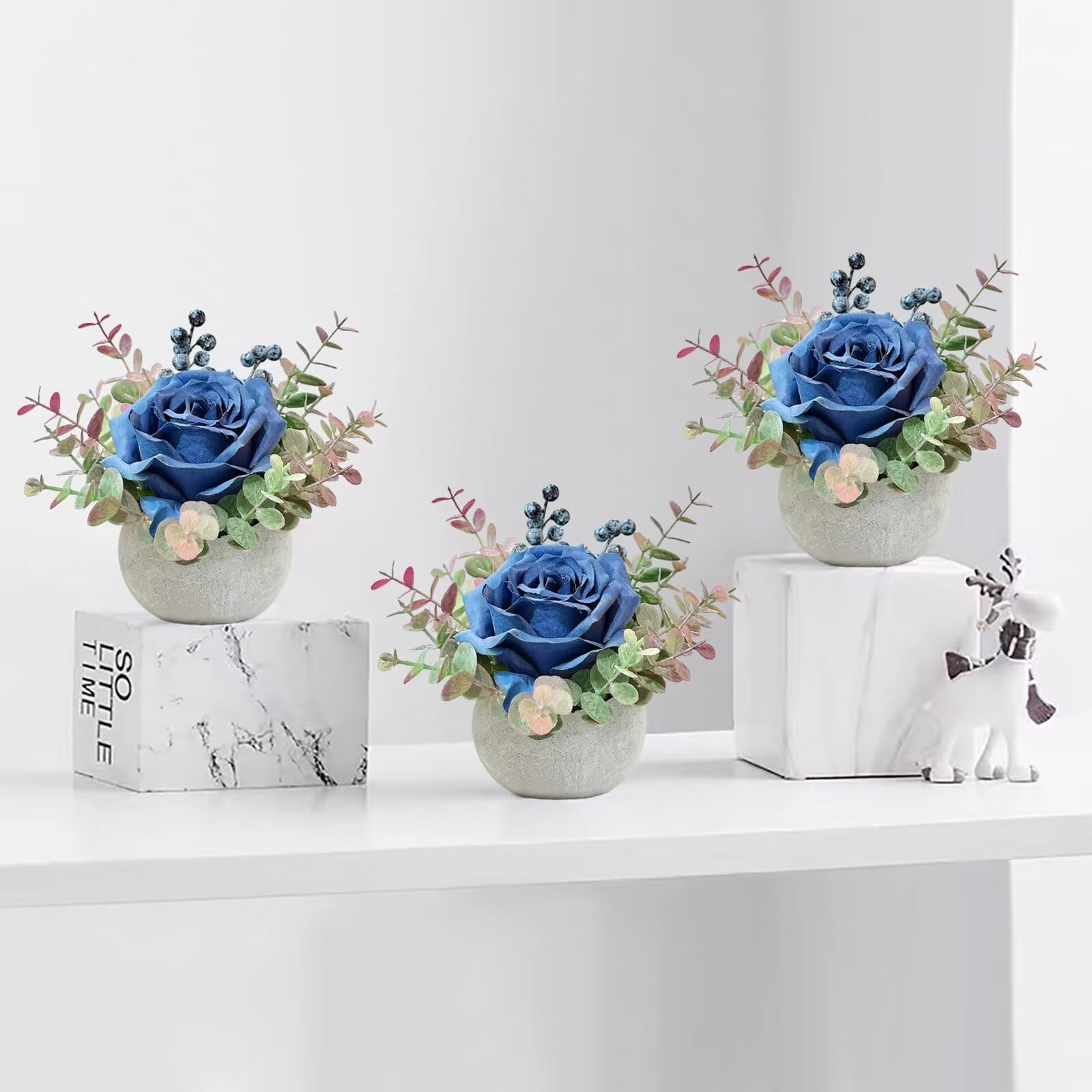 1 PC Artificial Flowers Pots Blue Rose Small Potted Plants Fake Vase Decor