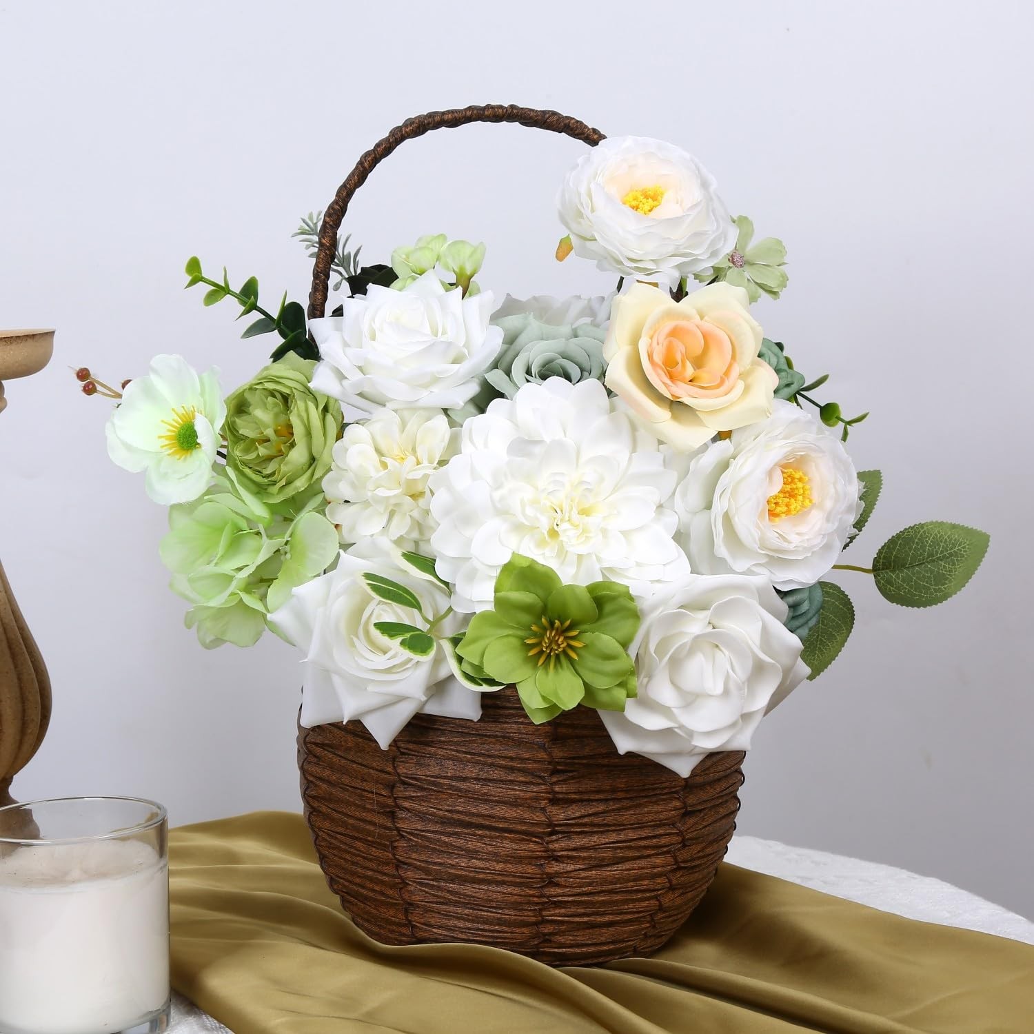 White & Green Artificial Flowers Combo Box Silk Fake Flower for DIY Wedding B…