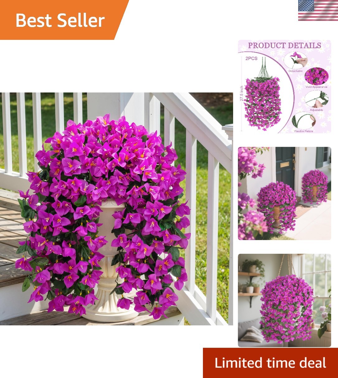 UV-Resistant Faux Bougainvillea Hanging Flowers, 2 Pcs for Vibrant Outdoor Decor