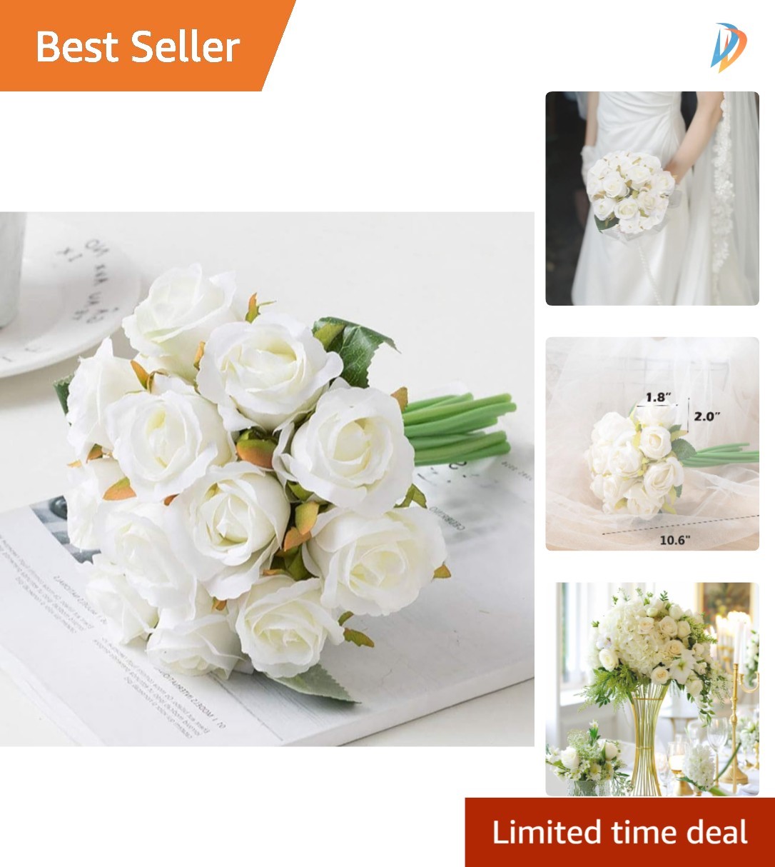 Stunning 12pc White Faux Silk Rose Bouquet – Ideal for Weddings & Parties