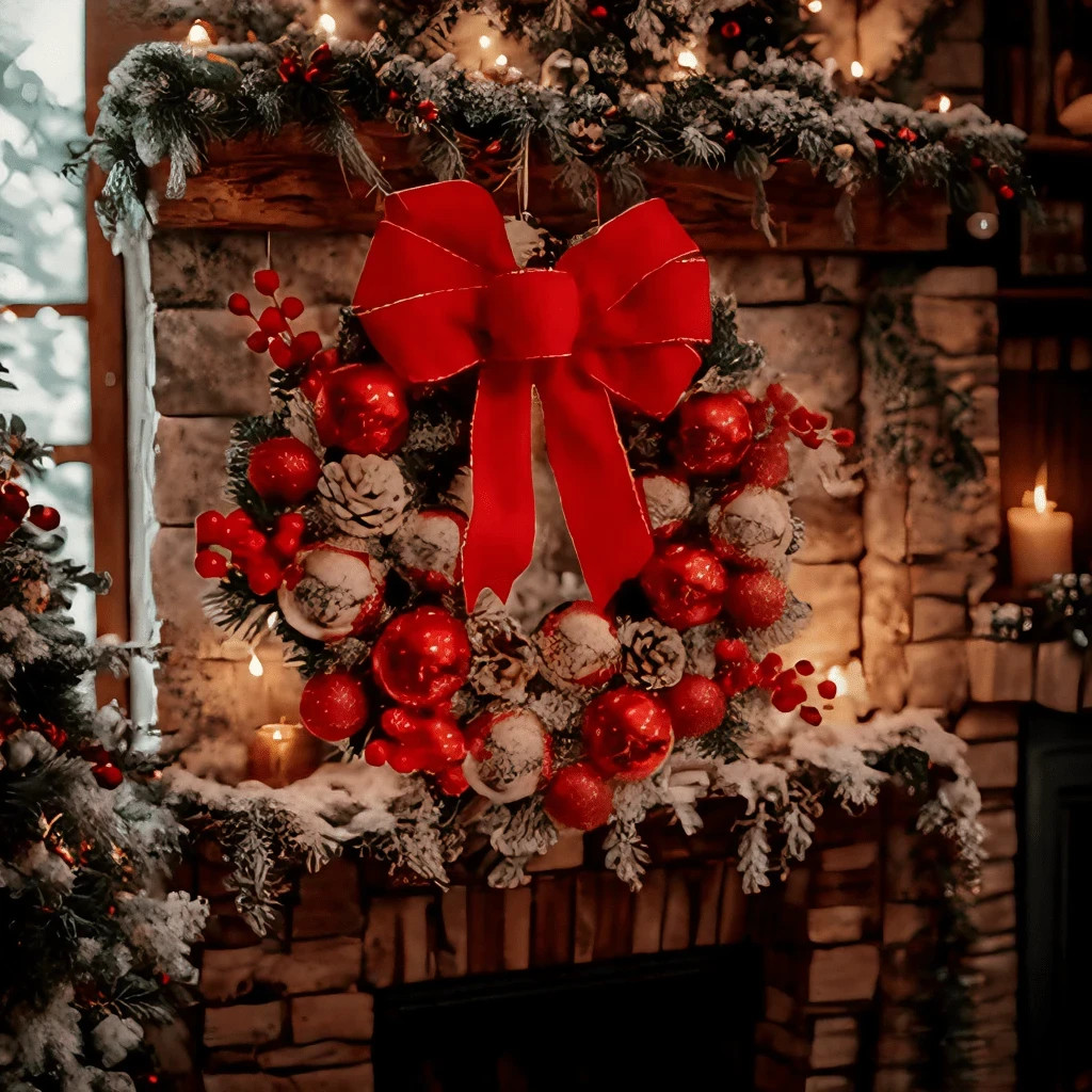 45cm/17.7in Christmas Wreath Front Door Flocked Pine Red Bow