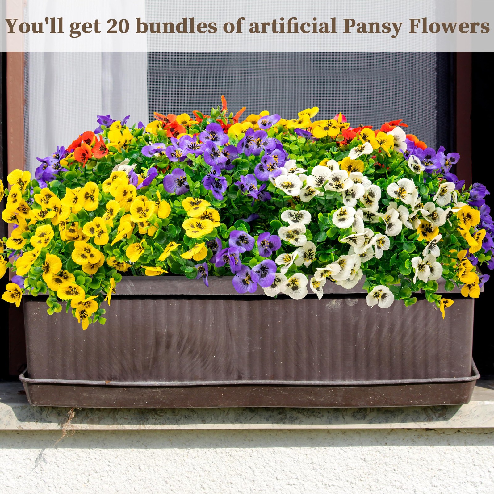 20 Bundles Artificial Fake Pansy Flowers for Outdoor – Yellow, White, Purple,…