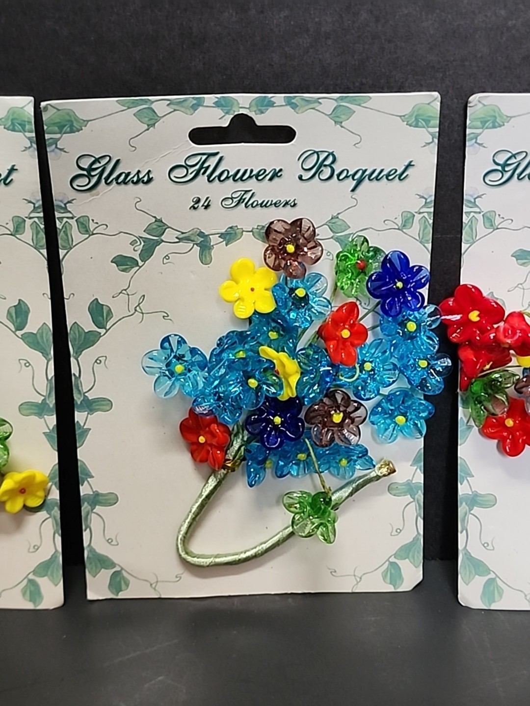 24 Mini Glass Flowers Wire Stem Bouquet Red Blue Yellow Green Purple NOS Lot 3