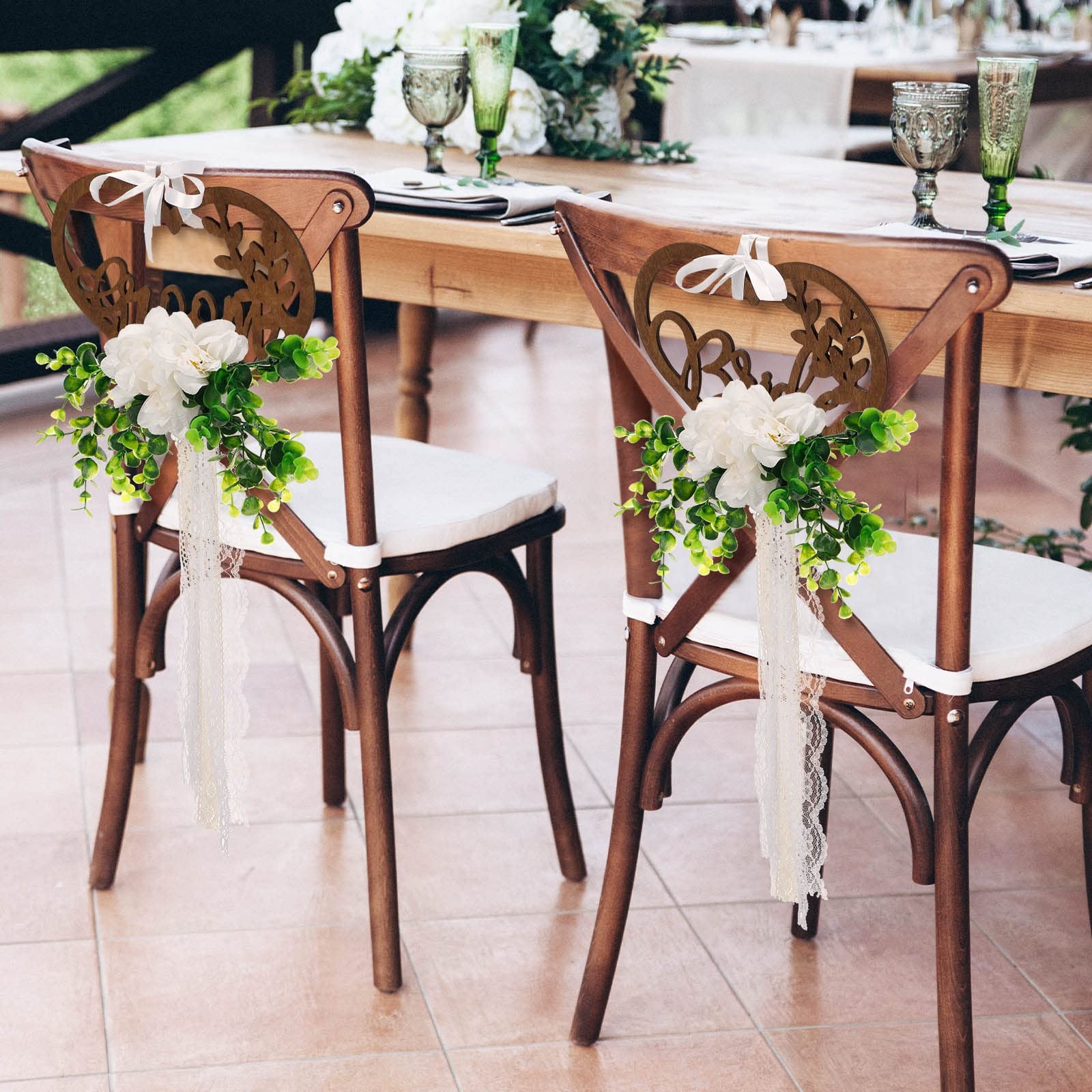 Bride and Groom Floral Chair Decorations Signs Wooden Rustic Mr Mrs Ribbons