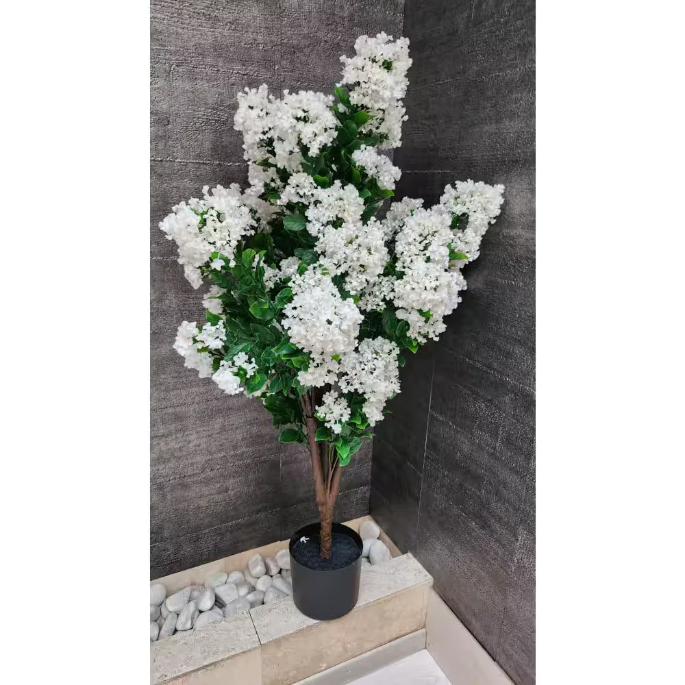 47 In. UV Resistant Green Artificial Lilac White Plant Tree in Black Pot