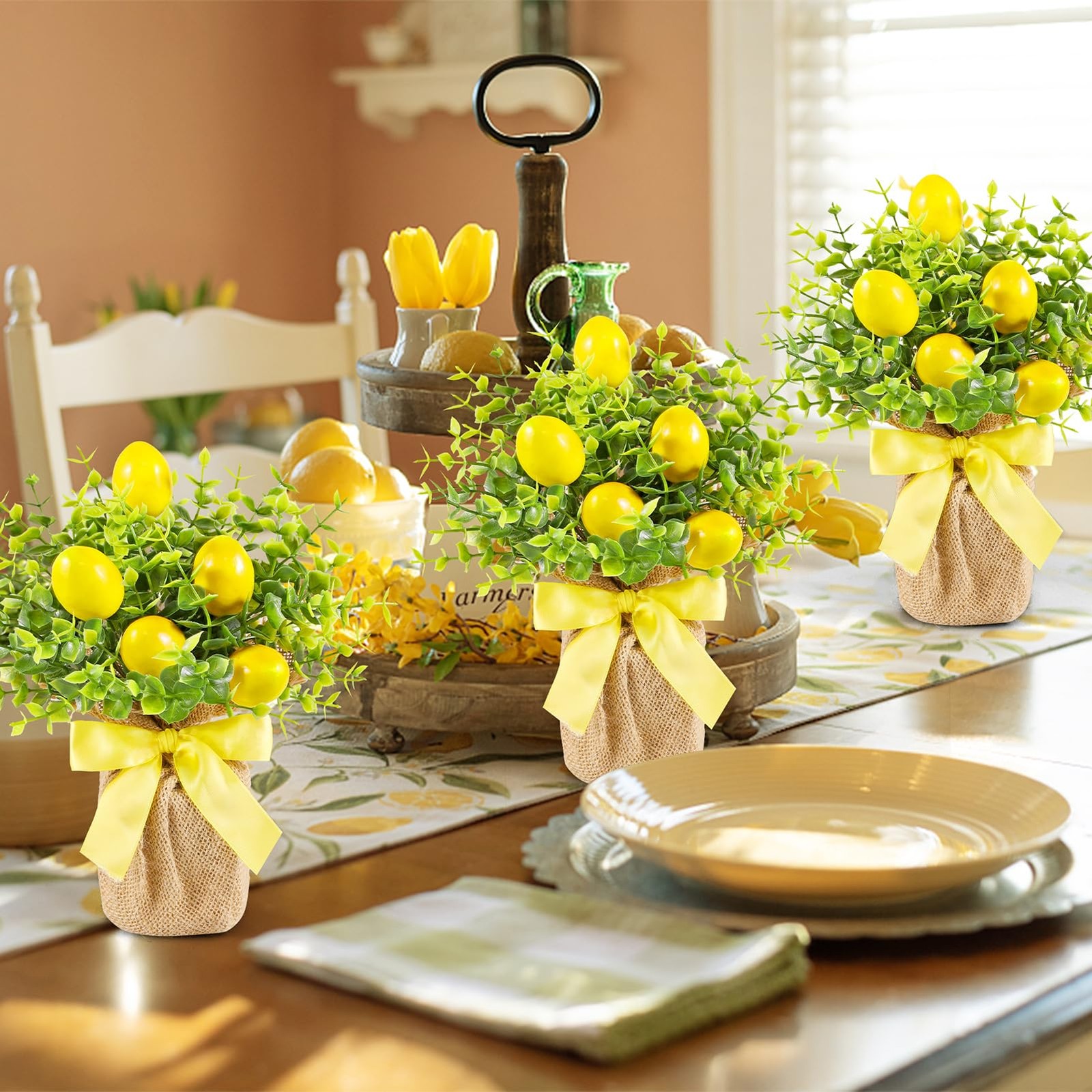 3 Pack Artificial Potted Lemon Flowers Plastic Faux Lemons in Small Burlap Ba…