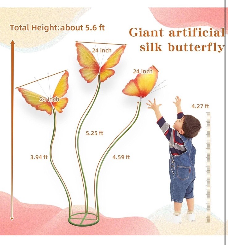 3Pc Large Silk Butterfly Decorations,Big Butterfly Decoration with Standing Base