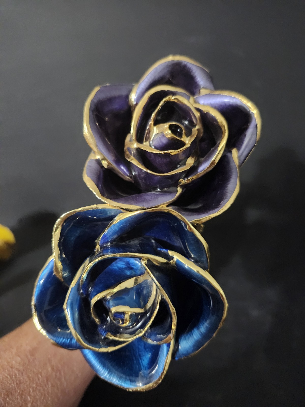 Lacquer Dipped 24k Gold Trimmed Real Preserved Blue And Purple Rose 11″ Set Of 2
