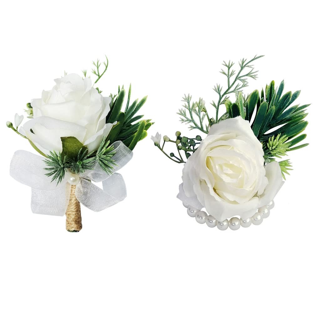 2Pcs White Rose Wrist Corsage and Boutonniere Set with Pins,Handmade Artifici…