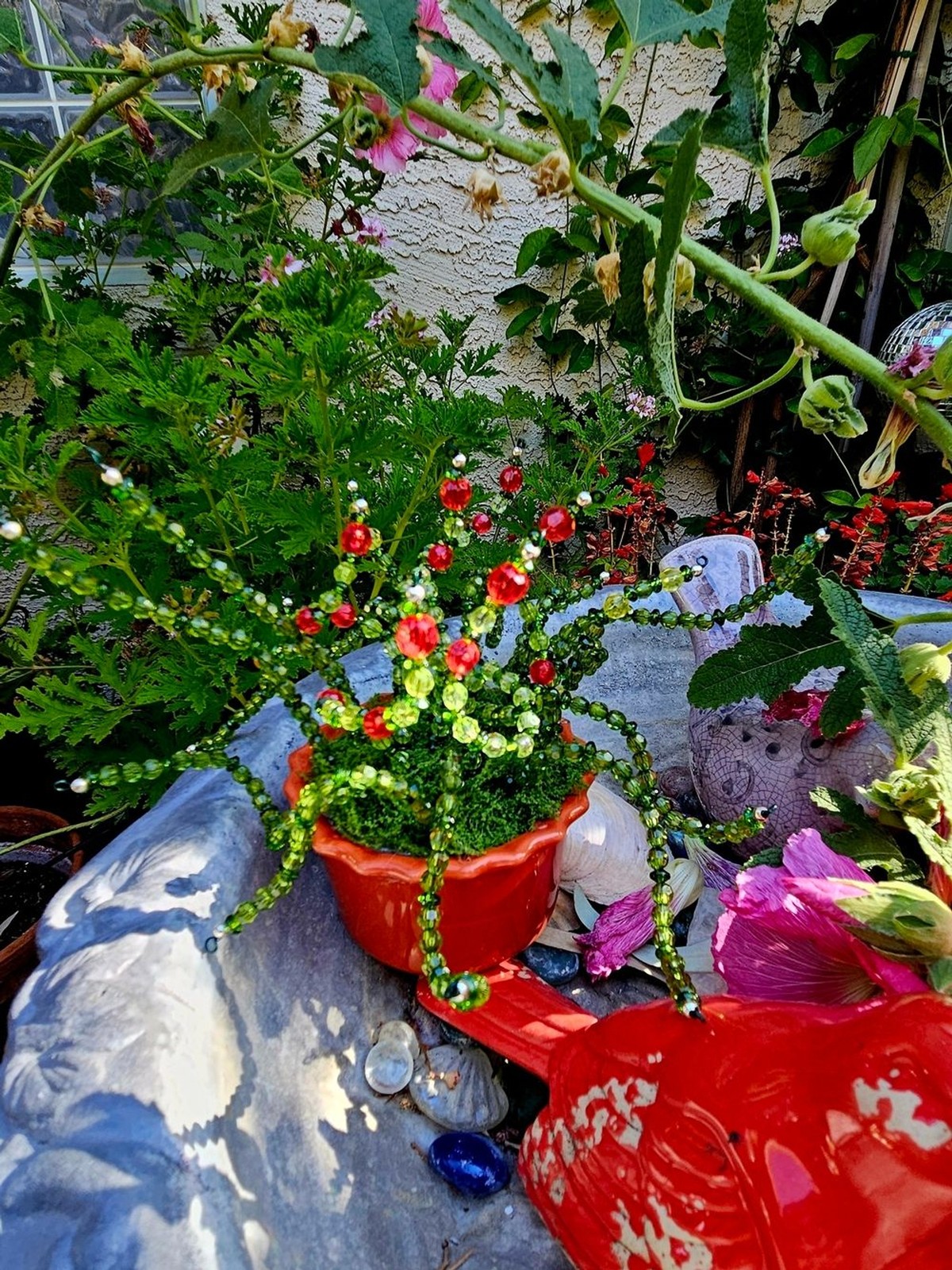 Beaded Green and Red Decorative Plant Accent