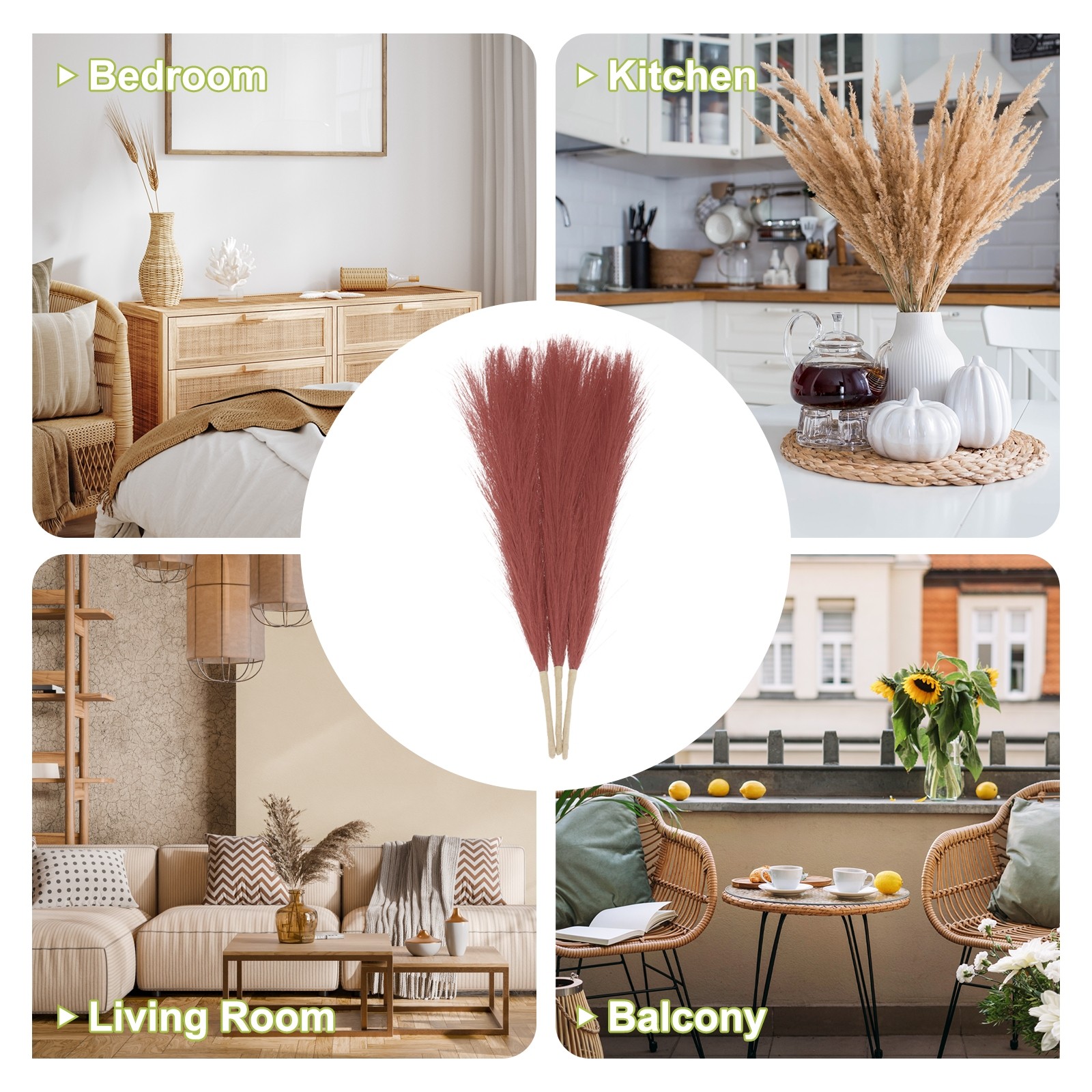 3pcs Dried Faux Pampas Grass 17″ Artificial Pampas Grass Decor Wine Red