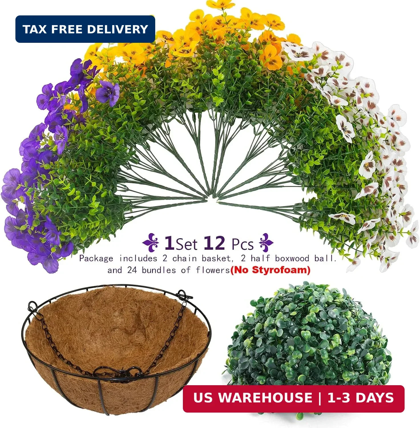 2 Sets Artificial Hanging Pansy Flowers with Baskets, 24 Pcs UV Resista