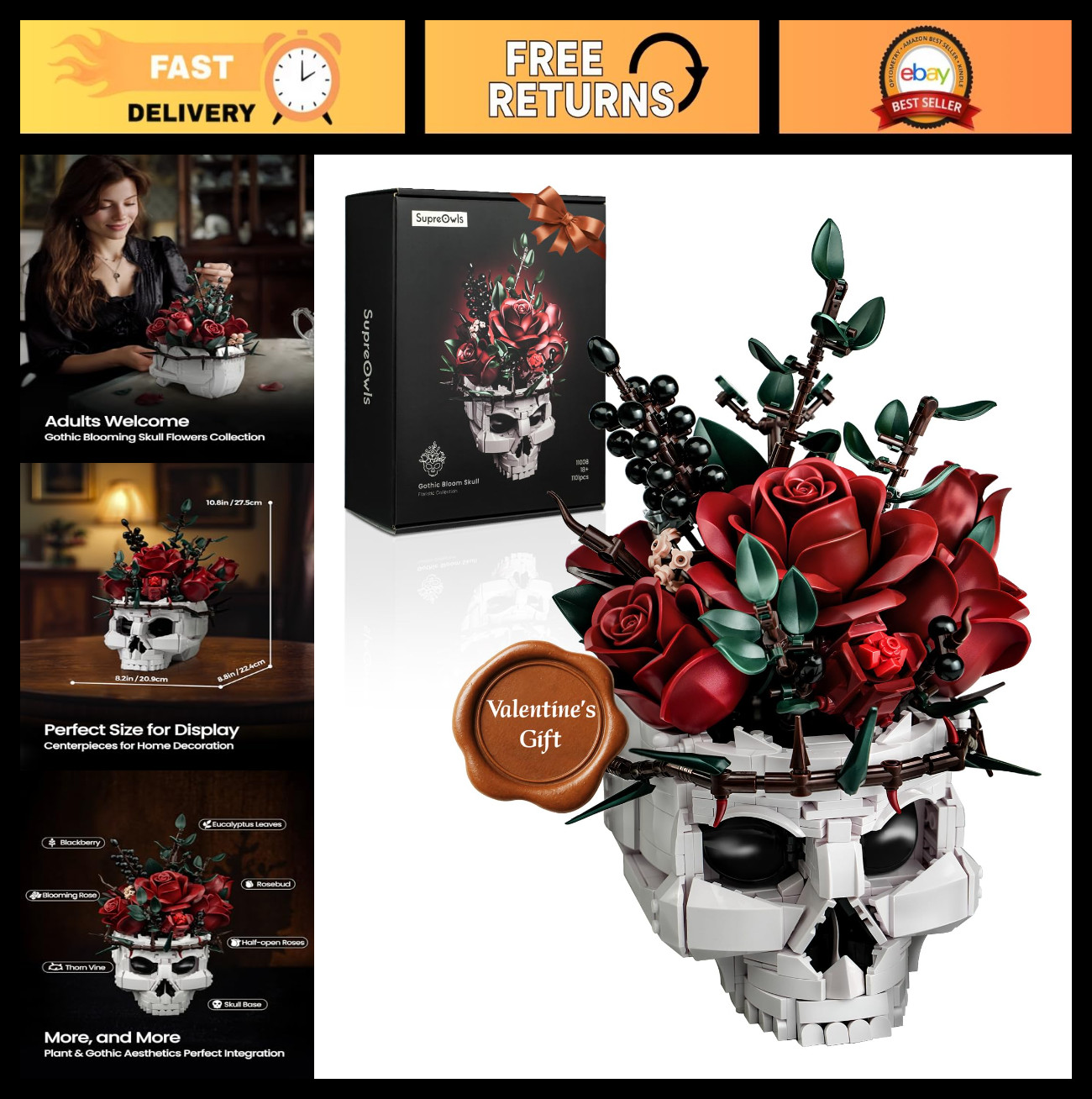 Skull Roses Flower Bouquet Building Set – Gothic Home Decor Kit for Her, Valenti