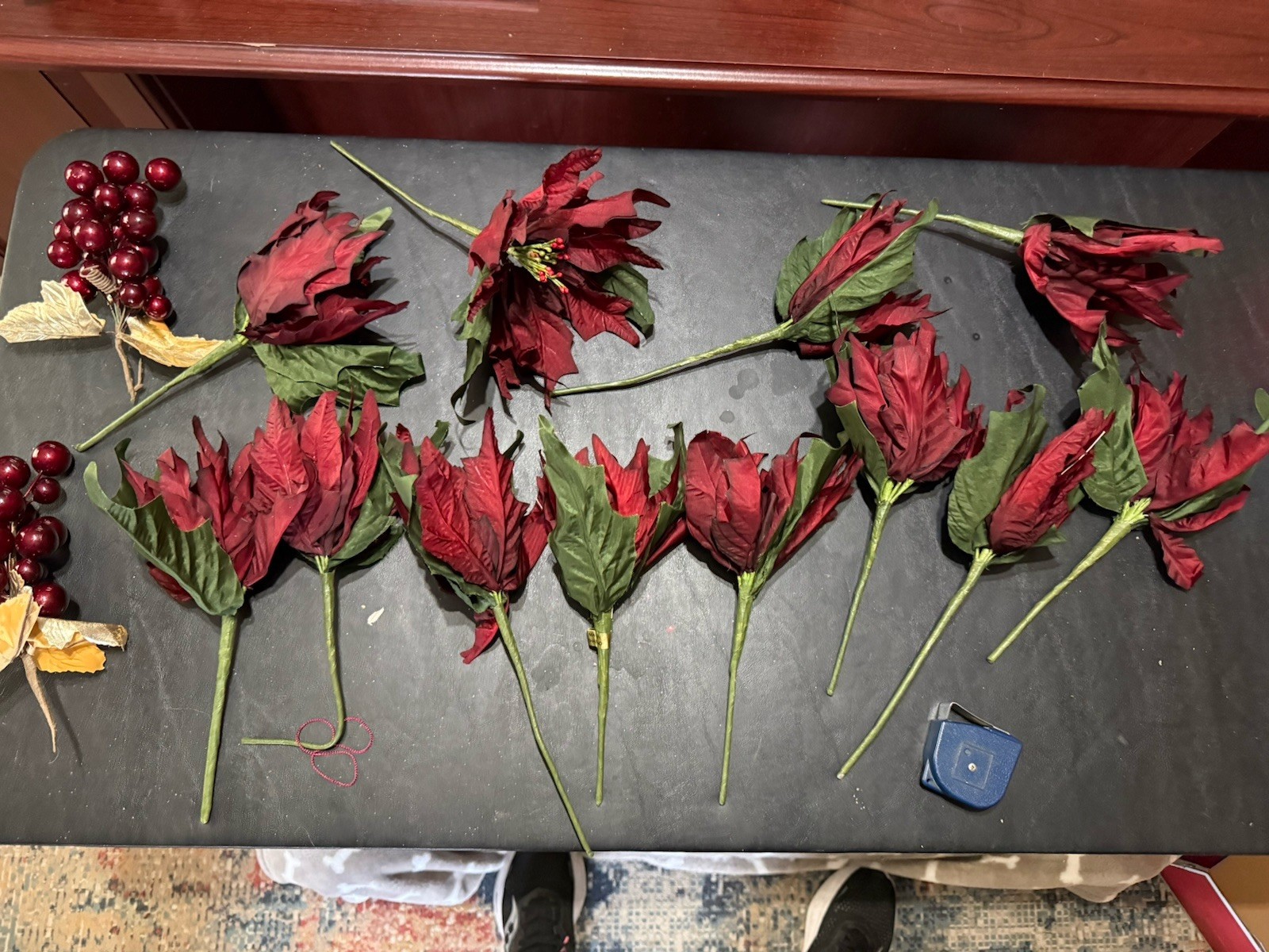 12 Red Christmas Tree Poinsettia Artificial Large Poinsettia Wired Silk Berries