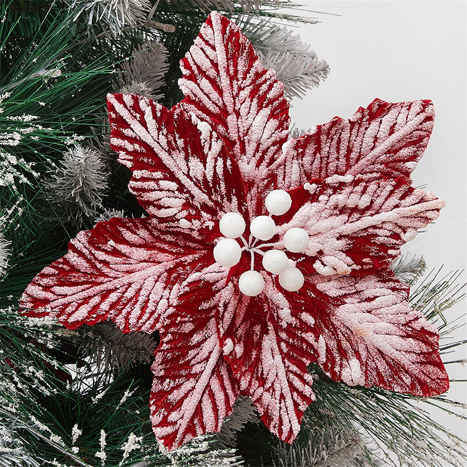 6 PCS Large Red White Christmas Poinsettia Picks Tree Glitter Flowers Decor
